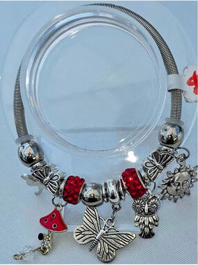 Handmade Charm Bracelet: Acrylic, Resin Beads, Metal Alloy Charms, Golden Snake